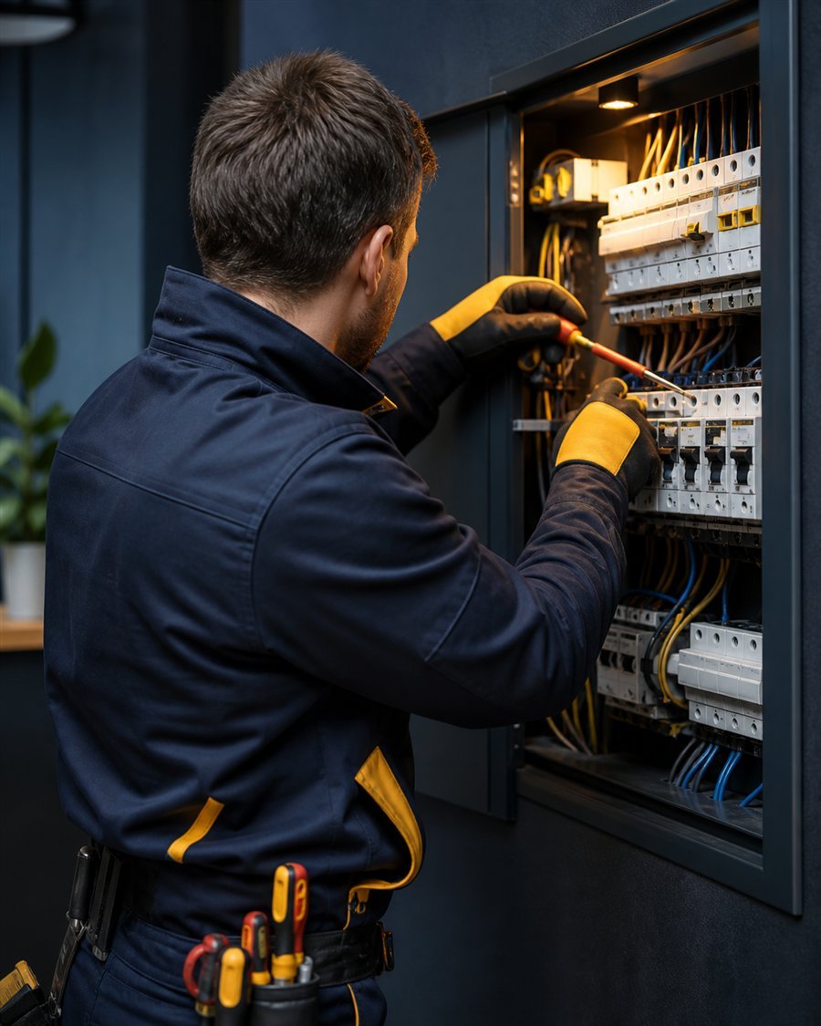 Técnico electricista trabajando de forma segura en un tablero domiciliario